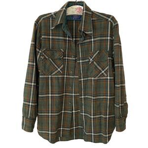 VTG 60s PENDLETON Green Brown Virgin Wool Plaid Long Sleeve Board Shirt Large